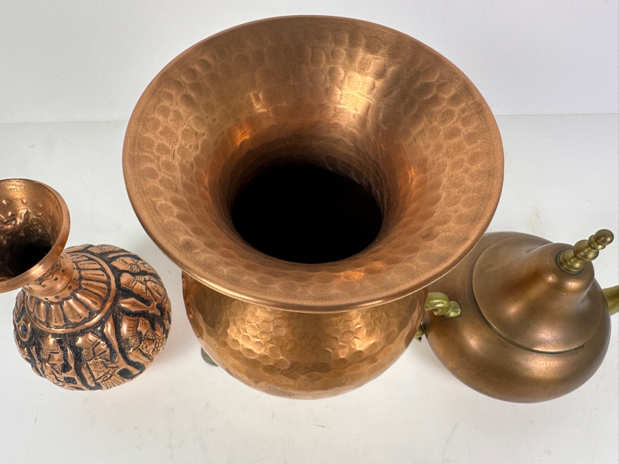 Pair Of Vintage Handmade Copper Vases 6H & 8H And Copper/Brass Teapot With Bell Lid [Photo 7]