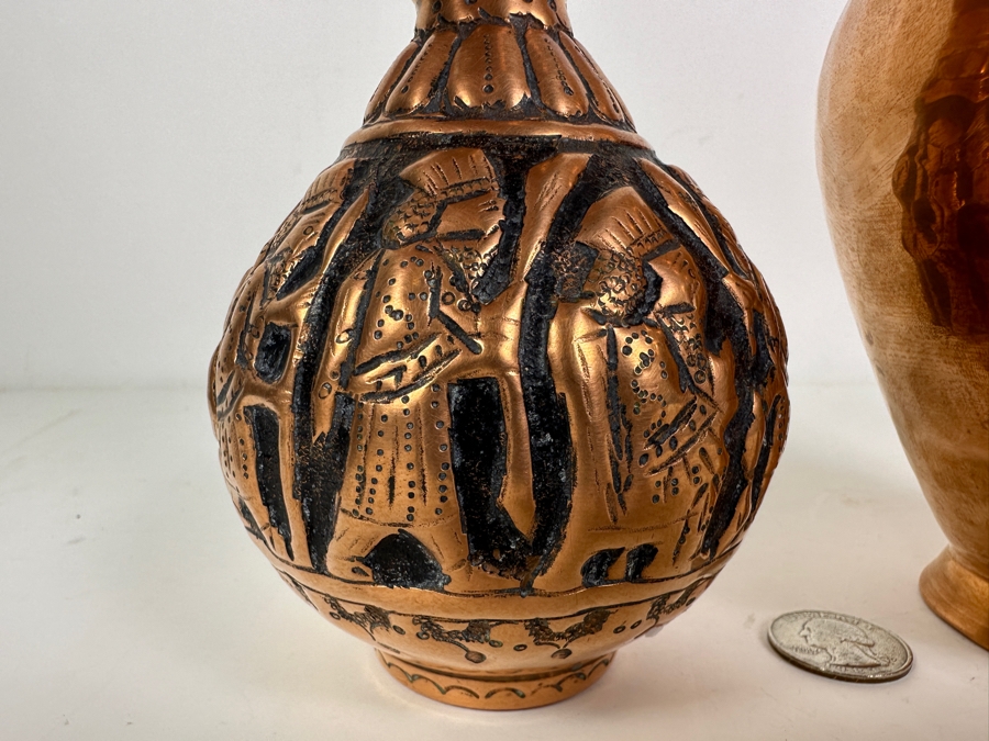 Pair Of Vintage Handmade Copper Vases 6H & 8H And Copper/Brass Teapot With Bell Lid [Photo 5]