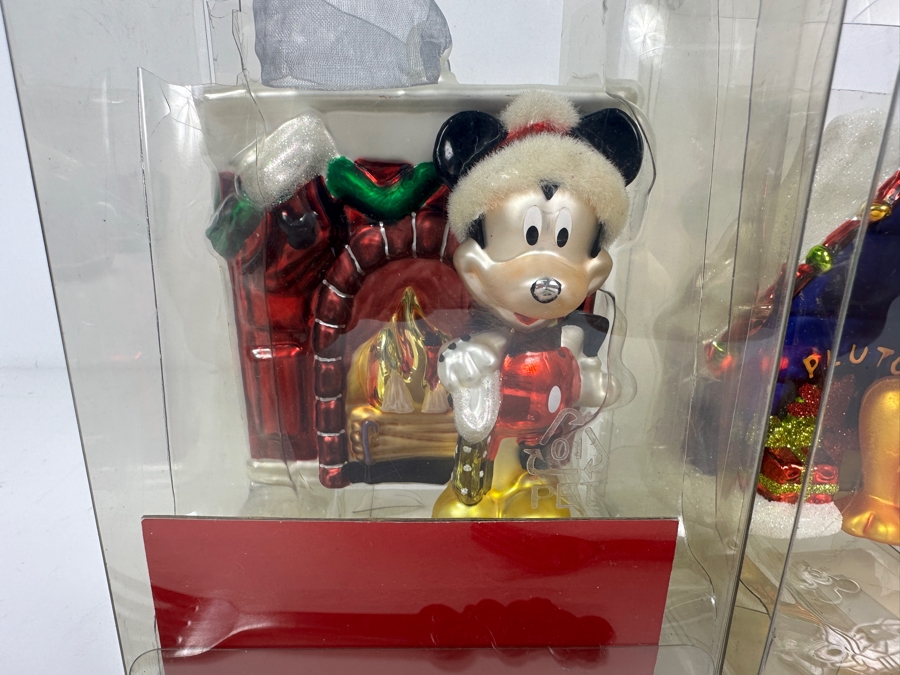 Pair Of New Glass Mickey Mouse & Pluto Ornaments And Vintage Child's Walt Disney Productions Mickey, Minnie & Donald Duck Forks By Bonny [Photo 2]