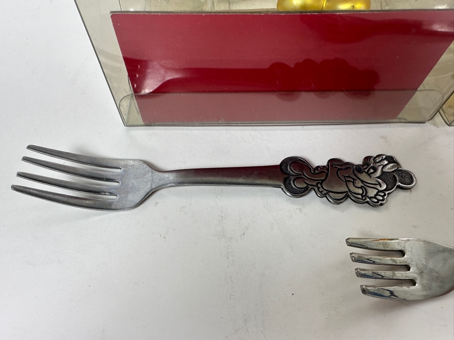 Pair Of New Glass Mickey Mouse & Pluto Ornaments And Vintage Child's Walt Disney Productions Mickey, Minnie & Donald Duck Forks By Bonny [Photo 6]