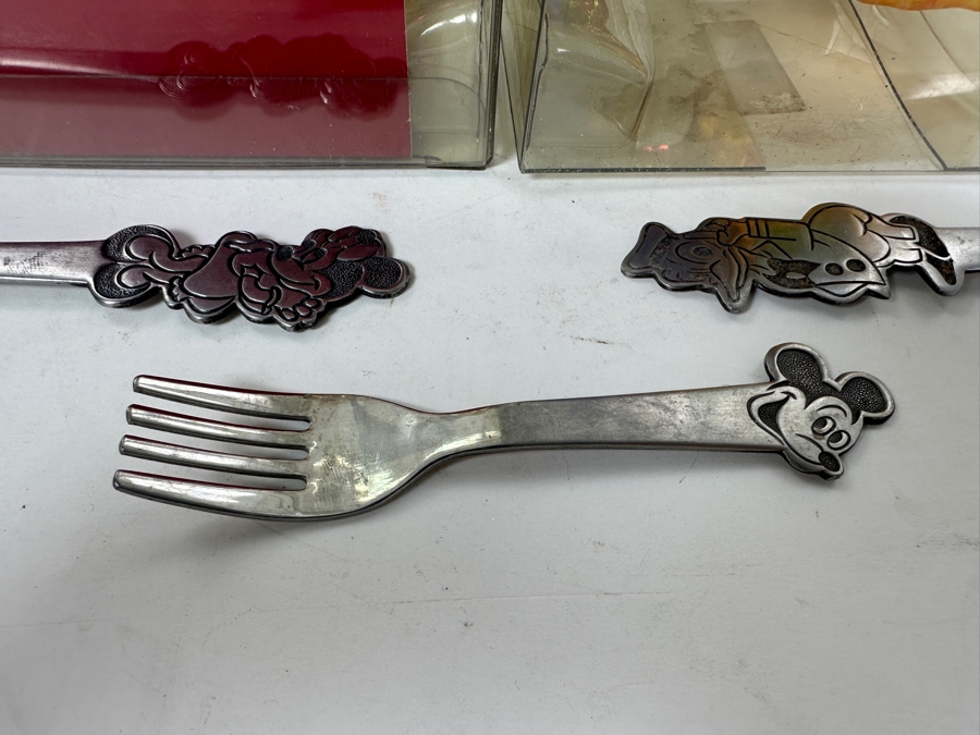 Pair Of New Glass Mickey Mouse & Pluto Ornaments And Vintage Child's Walt Disney Productions Mickey, Minnie & Donald Duck Forks By Bonny [Photo 4]