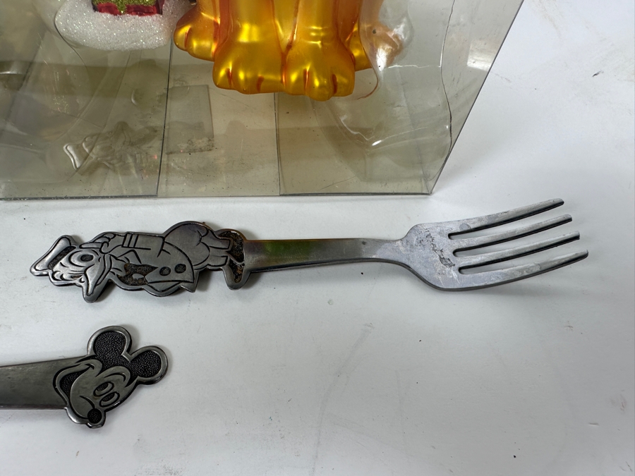 Pair Of New Glass Mickey Mouse & Pluto Ornaments And Vintage Child's Walt Disney Productions Mickey, Minnie & Donald Duck Forks By Bonny [Photo 5]