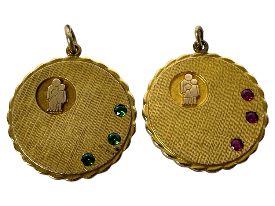 Pair Of Vintage 1/10 10K Pendants With Rubies & Emeralds 10.9g [Photo 1]