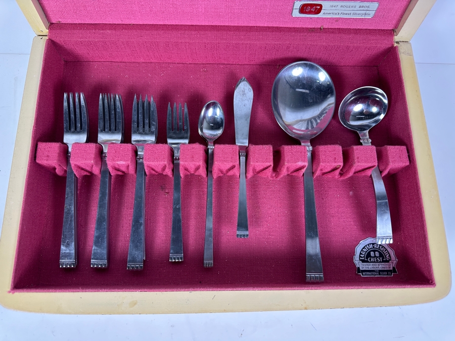 Vintage Mid-Century Wooden Silverware Chest With Set Of Danish Crown Stainless Steel Flatware By Estate Designed By John Brokate (Missing Spoons) 16.5W X 11D X 6H [Photo 3]