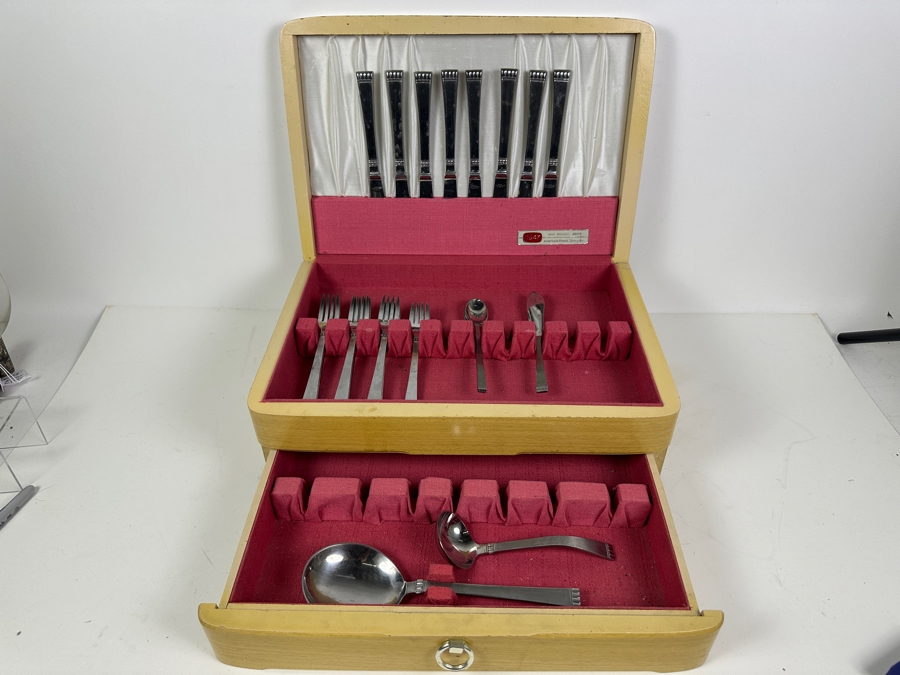 Vintage Mid-Century Wooden Silverware Chest With Set Of Danish Crown Stainless Steel Flatware By Estate Designed By John Brokate (Missing Spoons) 16.5W X 11D X 6H [Photo 2]