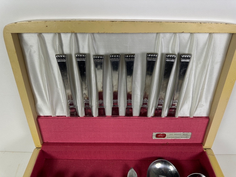 Vintage Mid-Century Wooden Silverware Chest With Set Of Danish Crown Stainless Steel Flatware By Estate Designed By John Brokate (Missing Spoons) 16.5W X 11D X 6H [Photo 4]