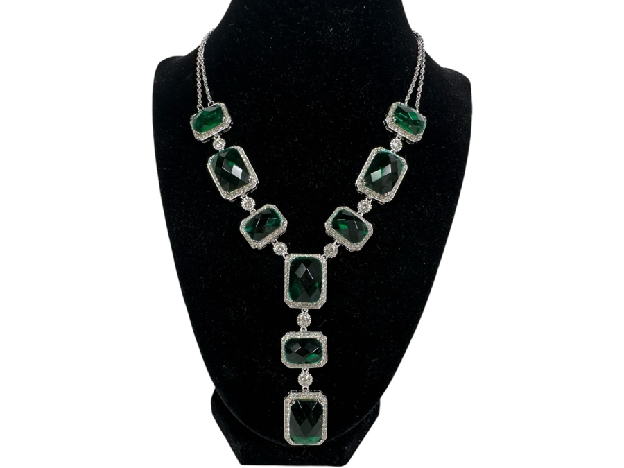 Sterling Silver 18' Necklace With Simulated Emerald Austrian Crystal Alexandra Gem 44.5g Retails $624