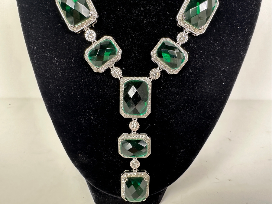Sterling Silver 18' Necklace With Simulated Emerald Austrian Crystal Alexandra Gem 44.5g Retails $624 [Photo 3]