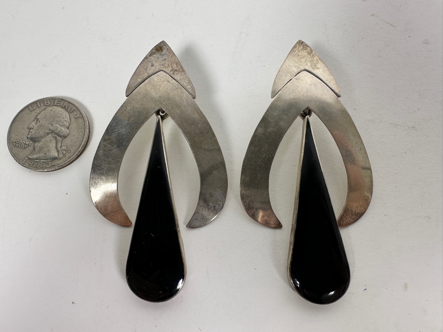 Pair Of Sterling Silver Black Onyx Earrings Mexico 20.1g [Photo 3]