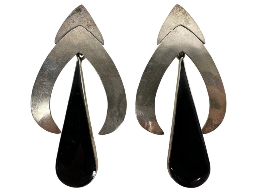 Pair Of Sterling Silver Black Onyx Earrings Mexico 20.1g