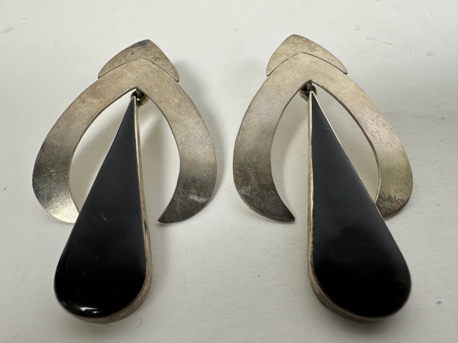 Pair Of Sterling Silver Black Onyx Earrings Mexico 20.1g [Photo 2]