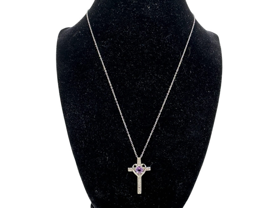 Sterling Silver Amethyst Cross Pendant With 18' Sterling Silver Chain Necklace [Photo 3]