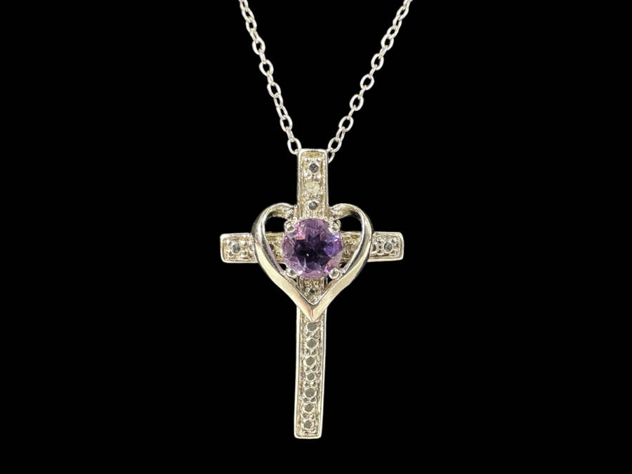 Sterling Silver Amethyst Cross Pendant With 18' Sterling Silver Chain Necklace [Photo 2]