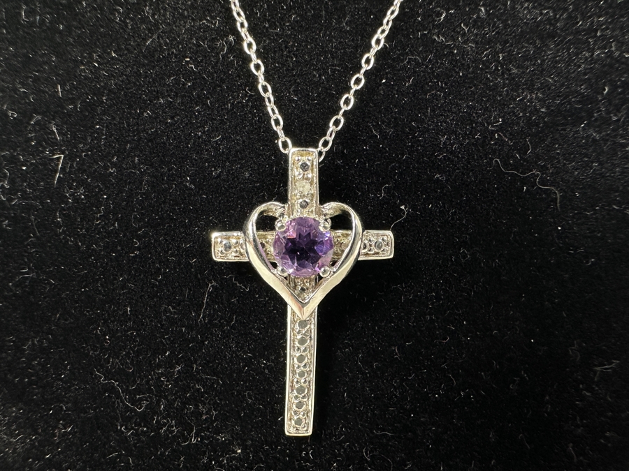 Sterling Silver Amethyst Cross Pendant With 18' Sterling Silver Chain Necklace [Photo 4]