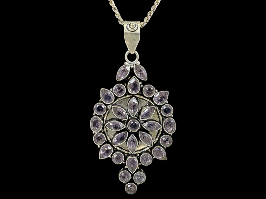 Sterling Silver Amethyst Pendant With 18' Sterling Silver Italian Chain Necklace 31.3g [Photo 2]