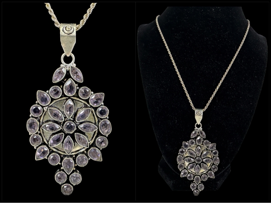 Sterling Silver Amethyst Pendant With 18' Sterling Silver Italian Chain Necklace 31.3g