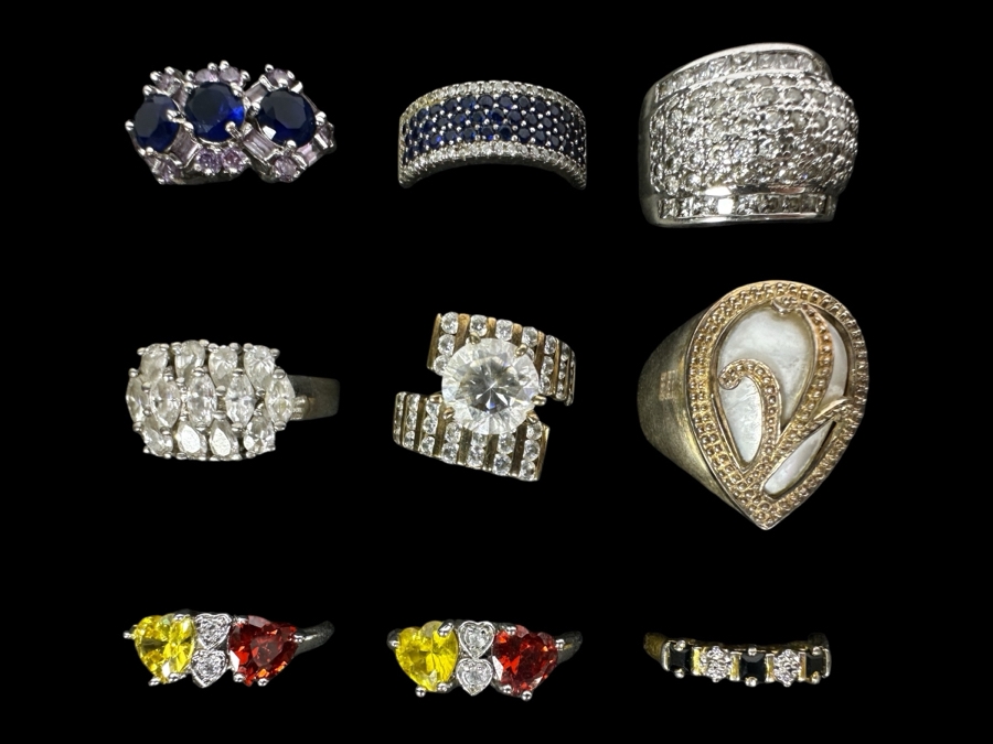 Nine Sterling Silver Rings Of Various Styles And Sizes 57.6g [Photo 1]