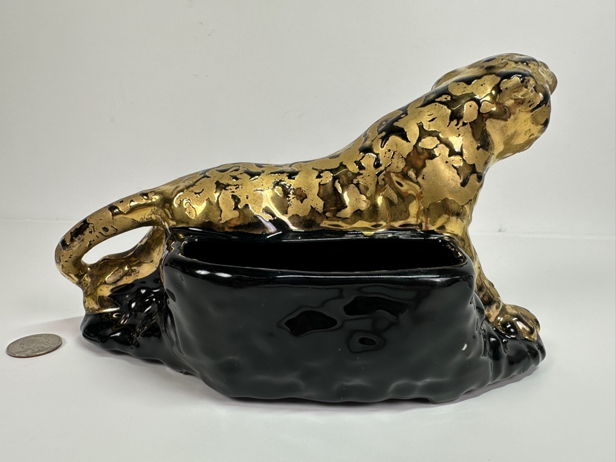 Vintage 24K Gold Plated Porcelain Jaguar Leopard Planter Figurine 9W X 4D X 5.5H [Photo 4]