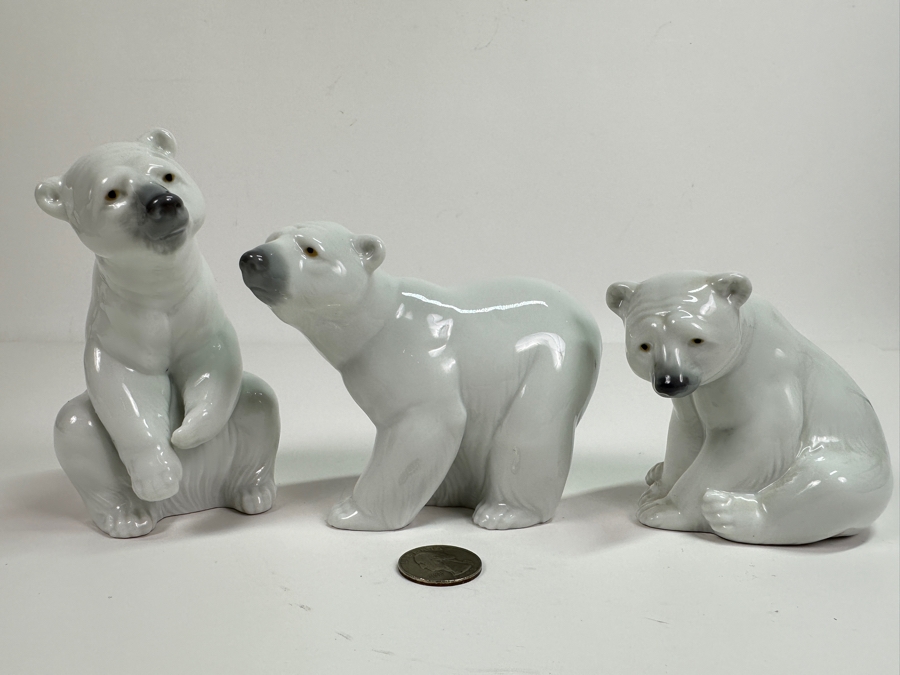 (3) Vintage Lladro Polar Bear Figurines: Sitting, Resting & Attentive [Photo 2]