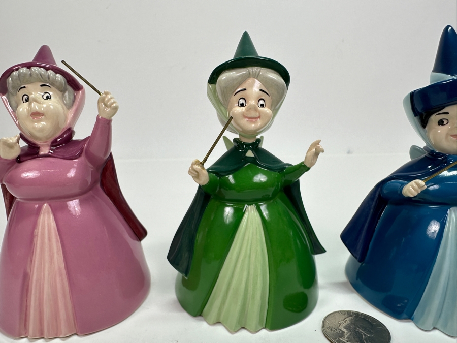 Rare Vintage Walt Disney Showcase Collection By Royal Doulton Sleeping Beauty Flora Nurturing Fairy SB 2, Fauna Thoughtful Fairy SB 3 And Merryweather Feisty Fairy SB 4 Porcelain Figurines 4.5H [Photo 3]