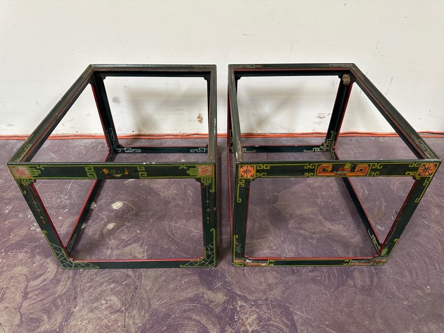 Just Added - Pair Of Vintage Chinese Wooden Hand Painted Side Tables - Missing Glass Tops 27W X 21.5D X 18.5H [Photo 5]
