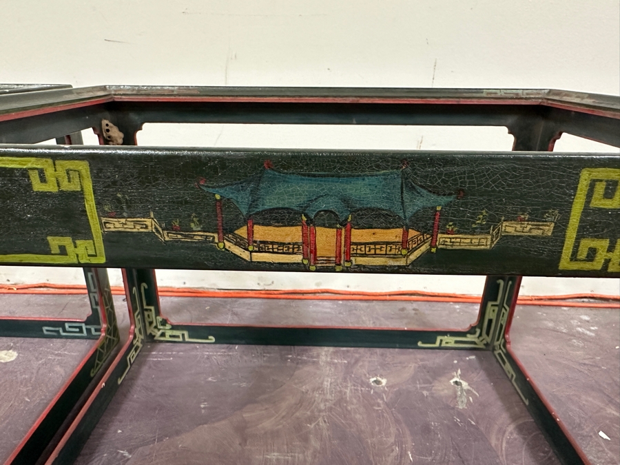 Just Added - Pair Of Vintage Chinese Wooden Hand Painted Side Tables - Missing Glass Tops 27W X 21.5D X 18.5H [Photo 12]