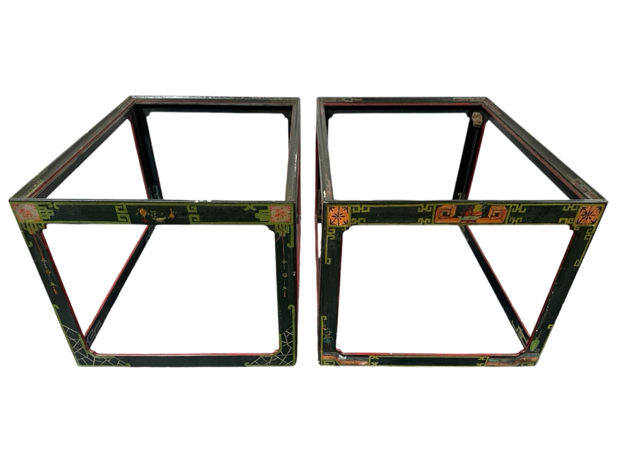 Just Added - Pair Of Vintage Chinese Wooden Hand Painted Side Tables - Missing Glass Tops 27W X 21.5D X 18.5H [Photo 2]