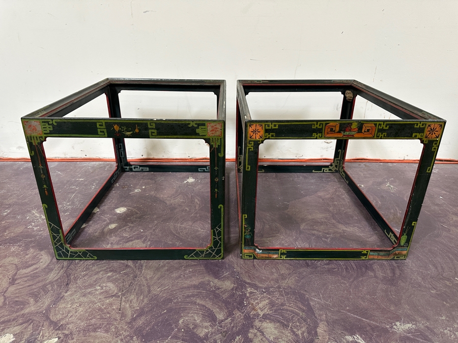 Just Added - Pair Of Vintage Chinese Wooden Hand Painted Side Tables - Missing Glass Tops 27W X 21.5D X 18.5H [Photo 4]