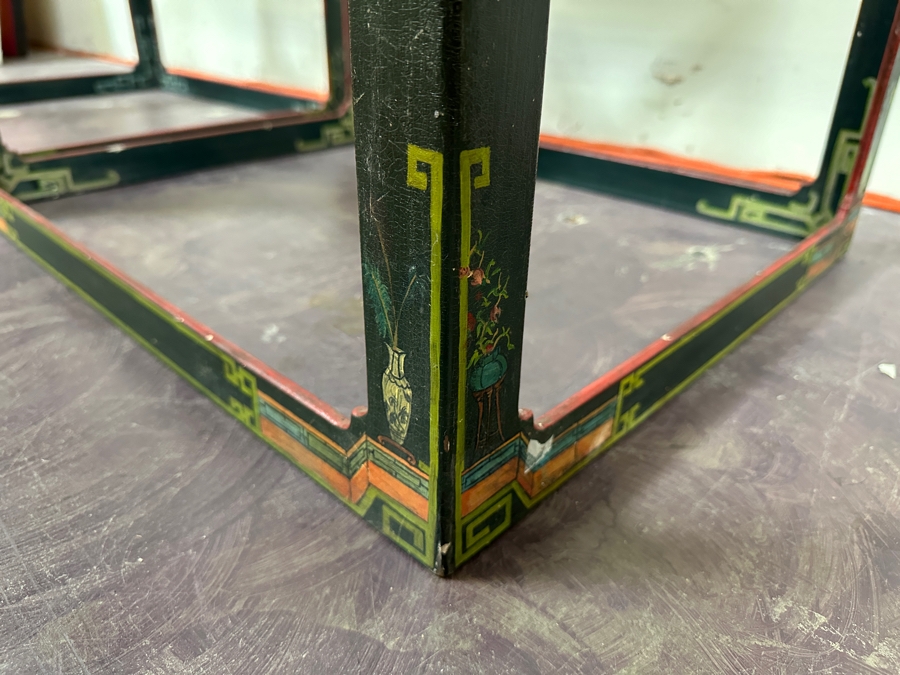 Just Added - Pair Of Vintage Chinese Wooden Hand Painted Side Tables - Missing Glass Tops 27W X 21.5D X 18.5H [Photo 13]