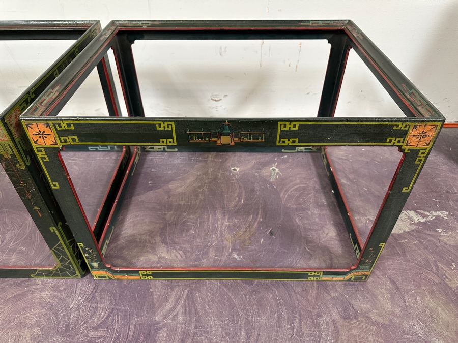 Just Added - Pair Of Vintage Chinese Wooden Hand Painted Side Tables - Missing Glass Tops 27W X 21.5D X 18.5H [Photo 16]