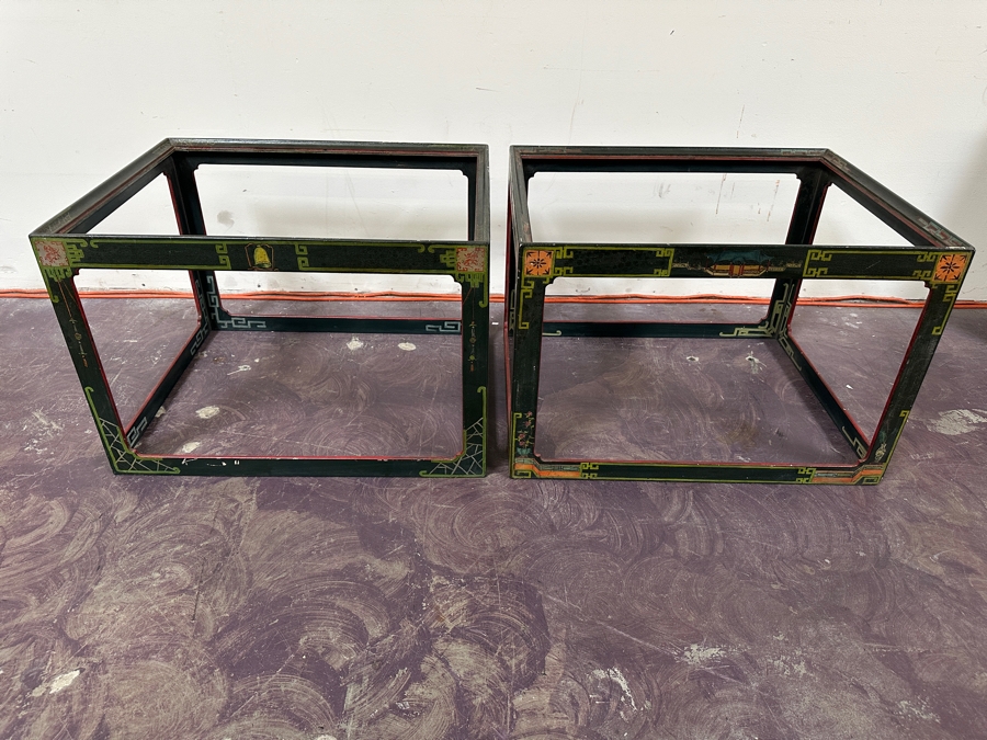 Just Added - Pair Of Vintage Chinese Wooden Hand Painted Side Tables - Missing Glass Tops 27W X 21.5D X 18.5H [Photo 6]