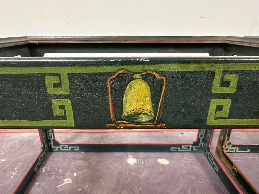 Just Added - Pair Of Vintage Chinese Wooden Hand Painted Side Tables - Missing Glass Tops 27W X 21.5D X 18.5H [Photo 9]