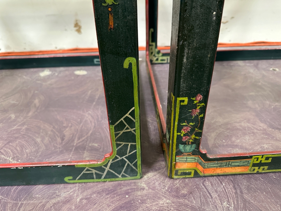Just Added - Pair Of Vintage Chinese Wooden Hand Painted Side Tables - Missing Glass Tops 27W X 21.5D X 18.5H [Photo 11]