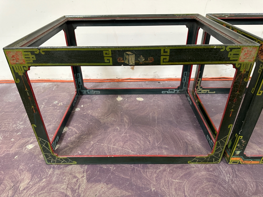 Just Added - Pair Of Vintage Chinese Wooden Hand Painted Side Tables - Missing Glass Tops 27W X 21.5D X 18.5H [Photo 15]