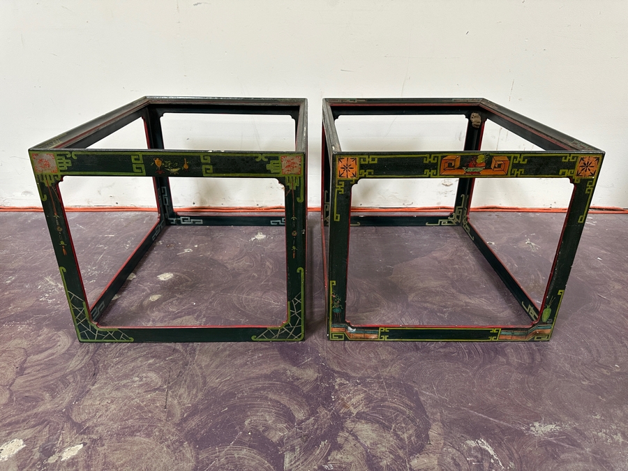 Just Added - Pair Of Vintage Chinese Wooden Hand Painted Side Tables - Missing Glass Tops 27W X 21.5D X 18.5H [Photo 3]