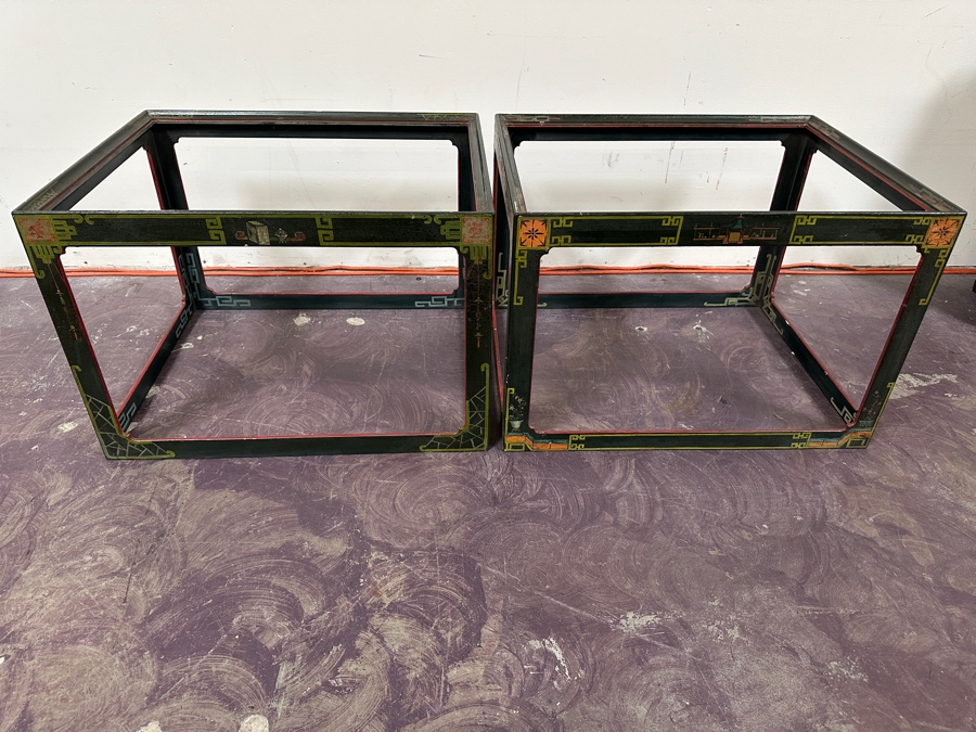 Just Added - Pair Of Vintage Chinese Wooden Hand Painted Side Tables - Missing Glass Tops 27W X 21.5D X 18.5H [Photo 14]