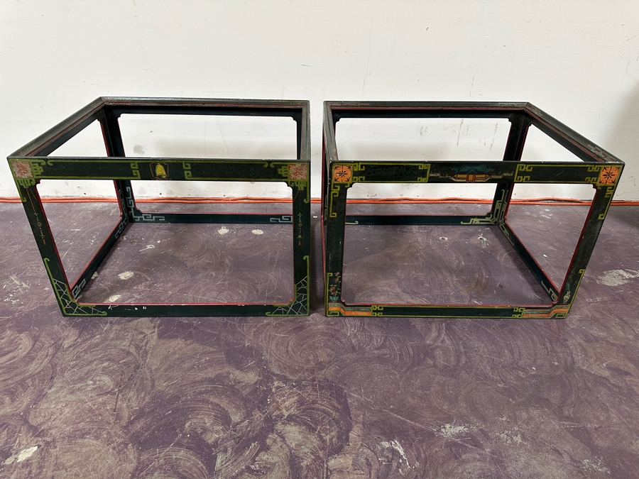 Just Added - Pair Of Vintage Chinese Wooden Hand Painted Side Tables - Missing Glass Tops 27W X 21.5D X 18.5H [Photo 7]