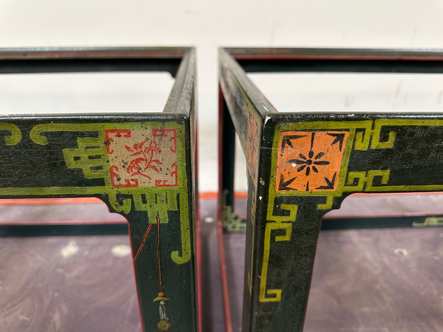 Just Added - Pair Of Vintage Chinese Wooden Hand Painted Side Tables - Missing Glass Tops 27W X 21.5D X 18.5H [Photo 10]