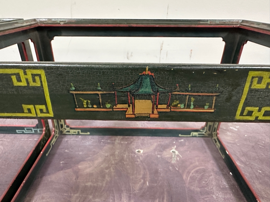 Just Added - Pair Of Vintage Chinese Wooden Hand Painted Side Tables - Missing Glass Tops 27W X 21.5D X 18.5H [Photo 17]