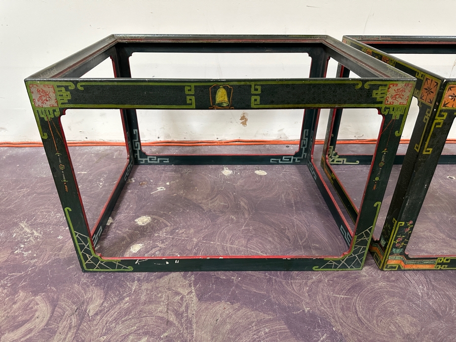 Just Added - Pair Of Vintage Chinese Wooden Hand Painted Side Tables - Missing Glass Tops 27W X 21.5D X 18.5H [Photo 8]