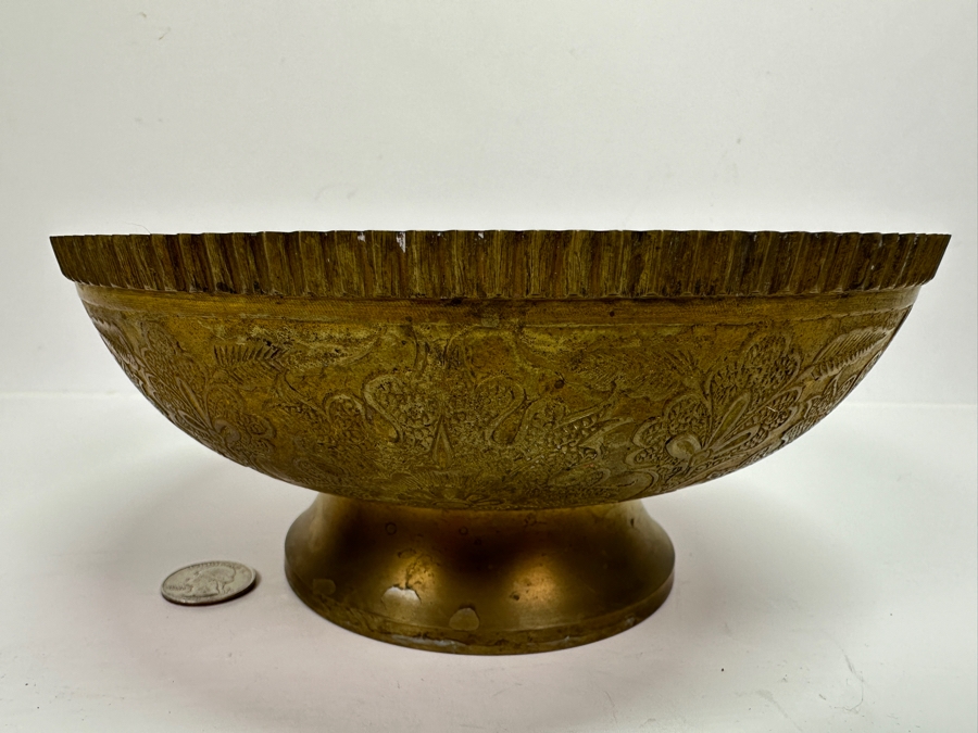 Just Added - Etched Solid Brass Footed Bowl With Peacock Design 7.75W X 3.5H [Photo 5]