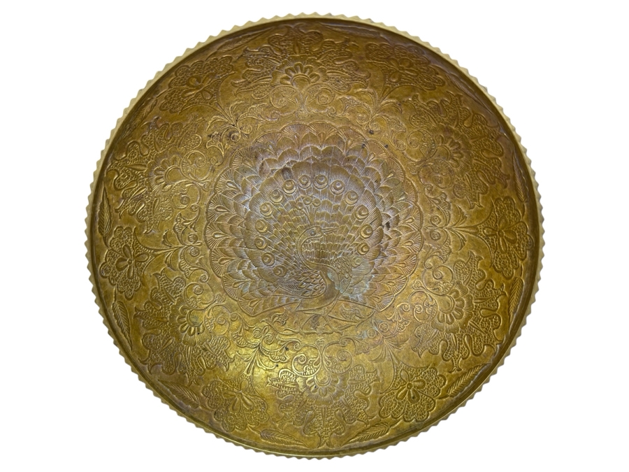 Just Added - Etched Solid Brass Footed Bowl With Peacock Design 7.75W X 3.5H [Photo 1]