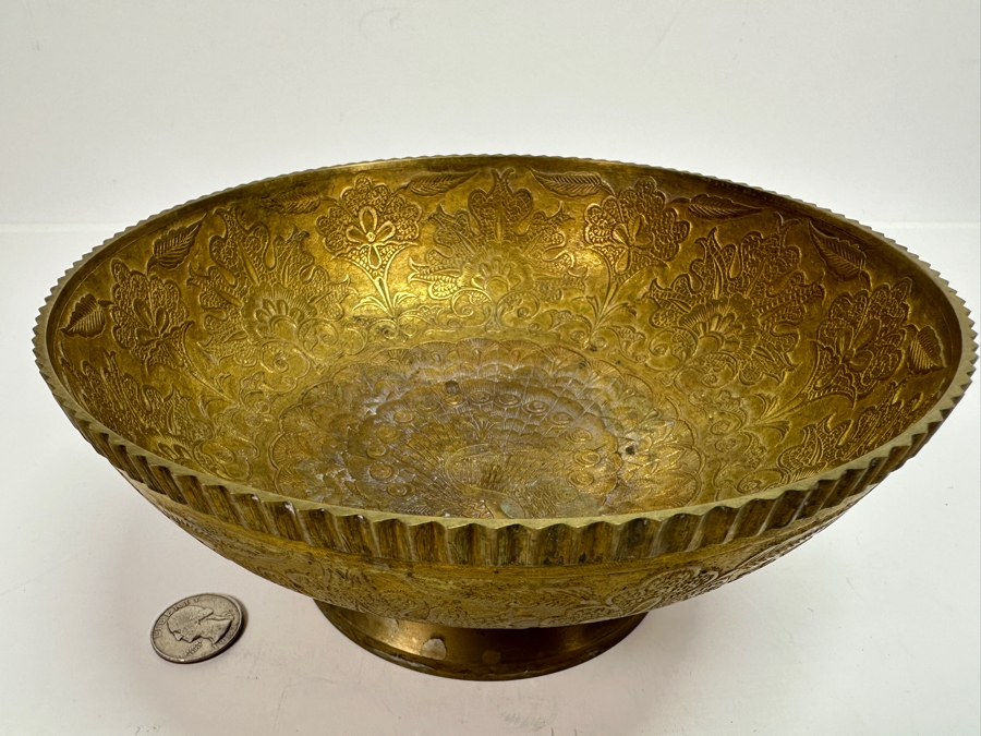 Just Added - Etched Solid Brass Footed Bowl With Peacock Design 7.75W X 3.5H [Photo 8]