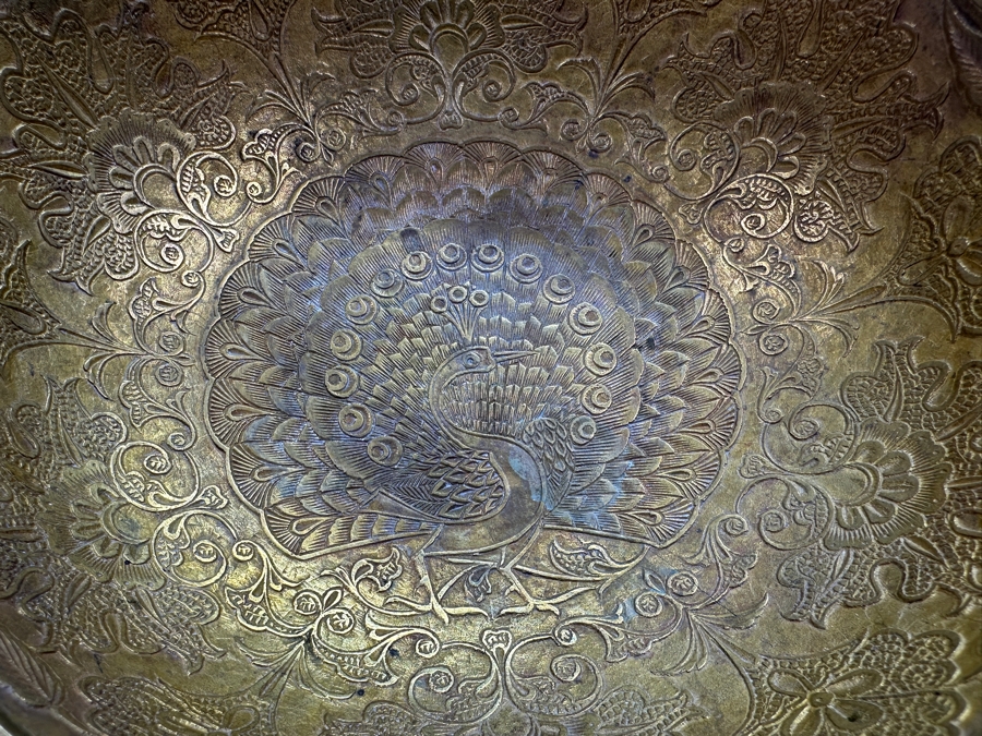 Just Added - Etched Solid Brass Footed Bowl With Peacock Design 7.75W X 3.5H [Photo 4]