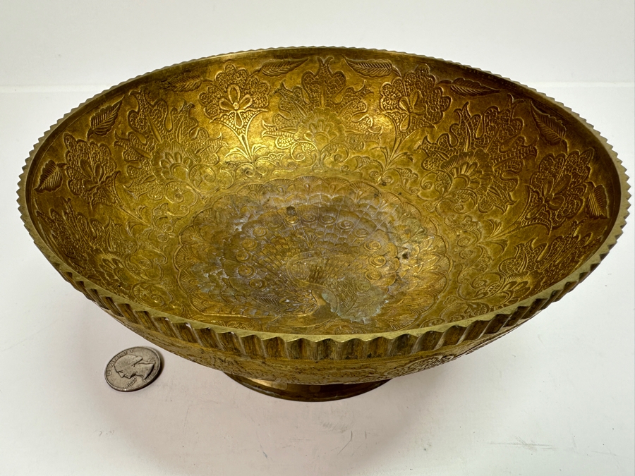 Just Added - Etched Solid Brass Footed Bowl With Peacock Design 7.75W X 3.5H [Photo 9]