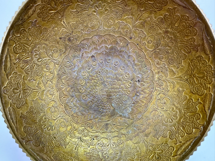 Just Added - Etched Solid Brass Footed Bowl With Peacock Design 7.75W X 3.5H [Photo 3]