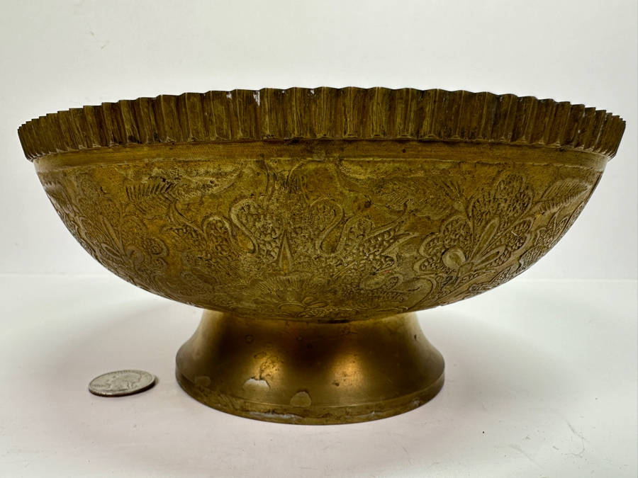 Just Added - Etched Solid Brass Footed Bowl With Peacock Design 7.75W X 3.5H [Photo 6]
