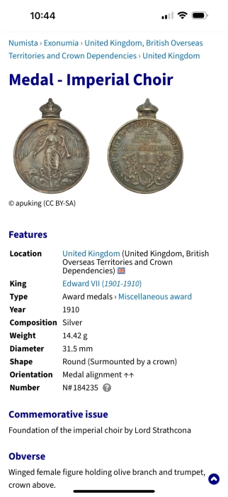 Just Added - Antique 1910 Silver United Kingdom King Edward VII Imperial Choir Award Medal Commemorative Issue Foundation Of Imperial Choir By Lord Strathcona 14.6g [Photo 6]