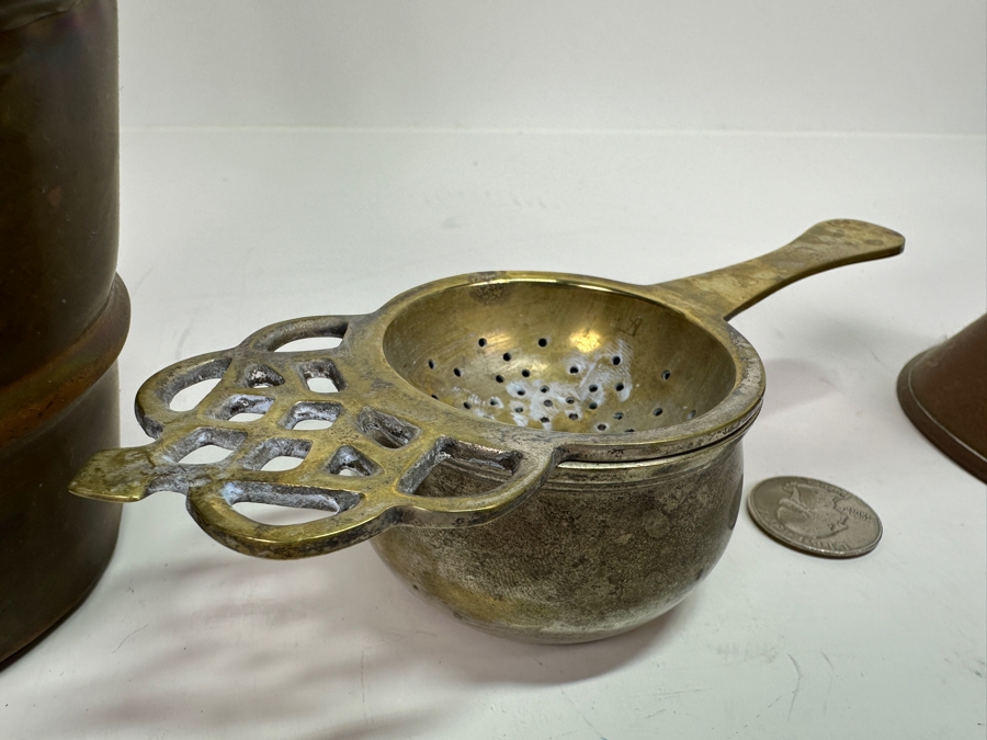 Just Added - Vintage Brass Tea Strainer (M), Vintage Copper Oil Lamp (R) & Pair Of Copper And Wooden Ladles (L) [Photo 2]