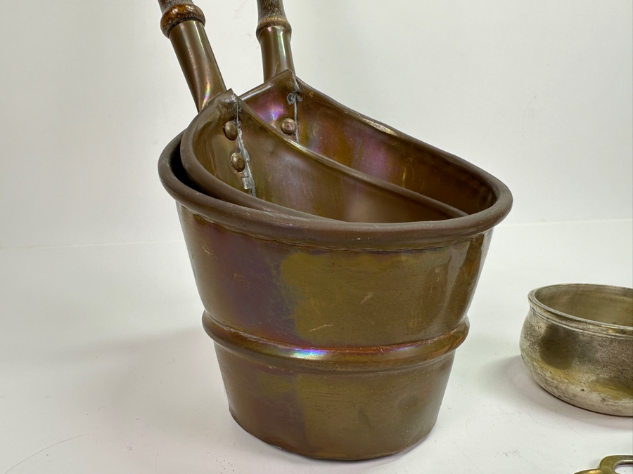 Just Added - Vintage Brass Tea Strainer (M), Vintage Copper Oil Lamp (R) & Pair Of Copper And Wooden Ladles (L) [Photo 5]